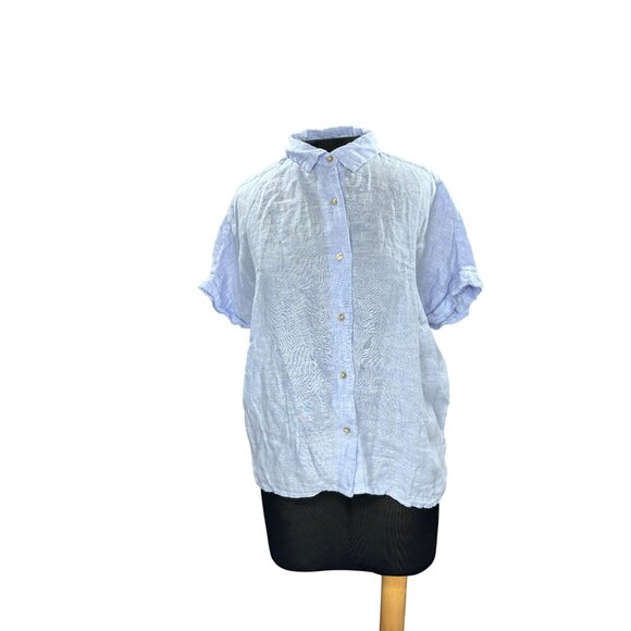 Rachel Roy Light Blue 100% Linen Button-Up Short Sleeve Shirt Size M - Picture 1 of 8